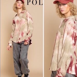 POL Tie Dye Button Down Shirt Womens Small‎ Green Cream Excellent Oversized Boho